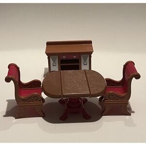 Fisher-Price Loving Family Dollhouse Dining Room Table Chairs Buffet Pink Brown